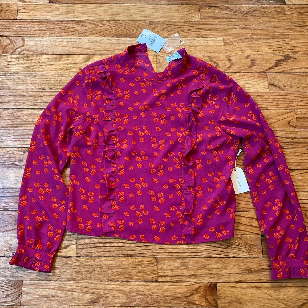 NWT woven long sleeve magenta blouse